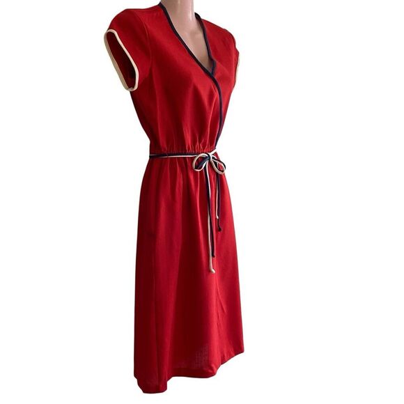 Vtg 1970s Dress Women's Small Red Linen Faux Wrap Button Skirt Belted Office - Picture 2 of 5